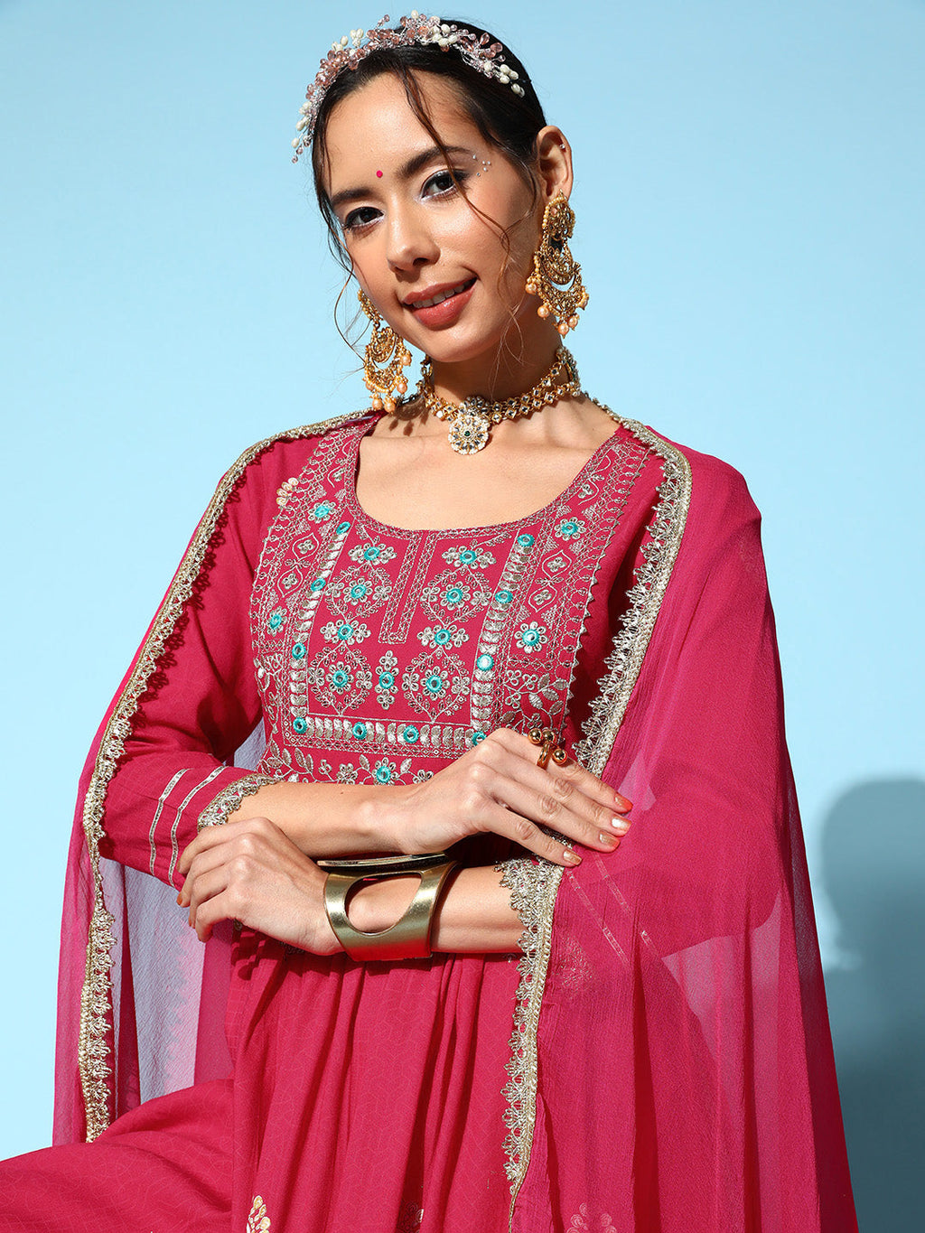InWeave Women's Pink Nyra Cut Embroidered Kurta Set With Dupatta | Grocsy