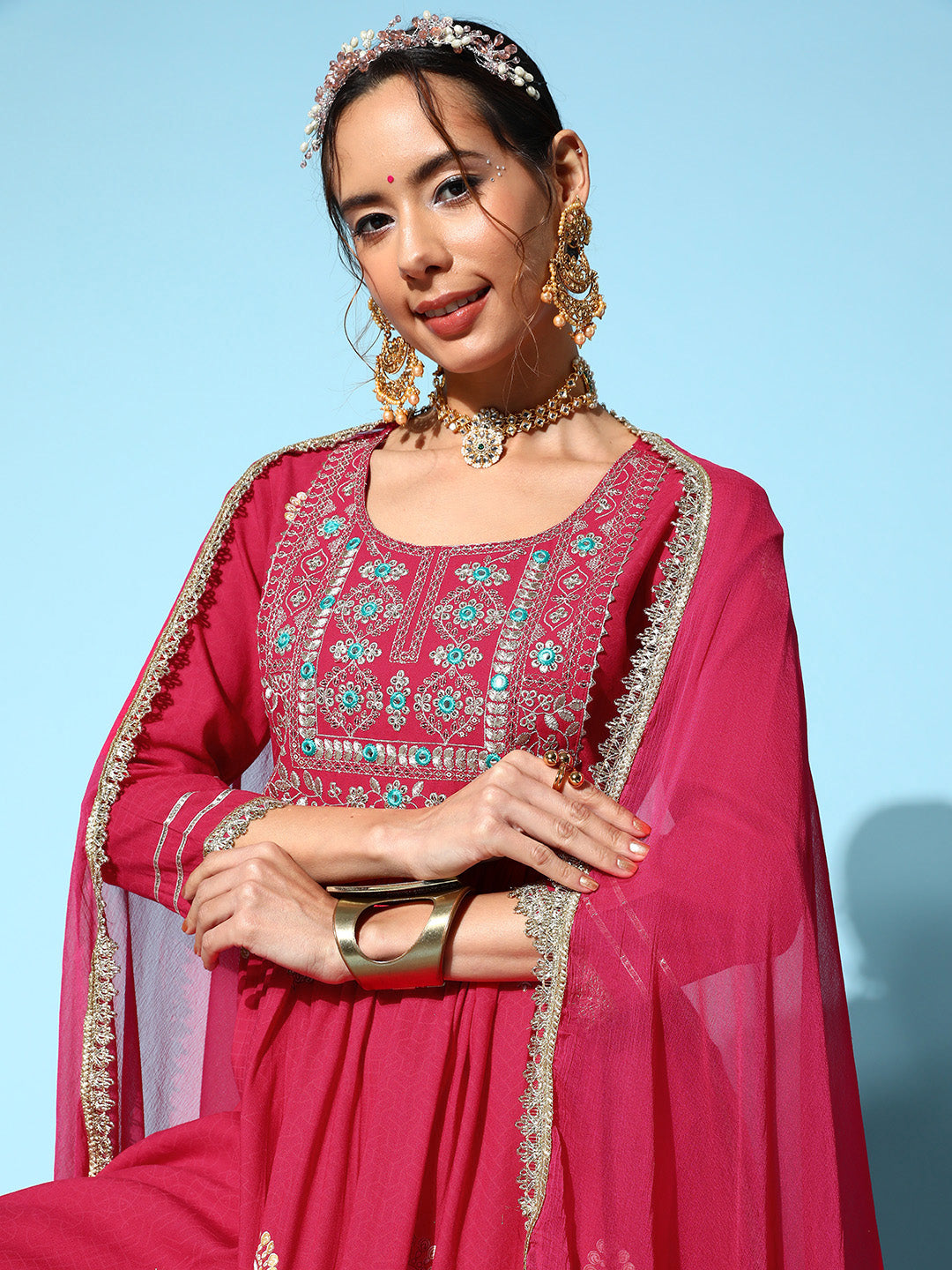 InWeave Women's Pink Nyra Cut Embroidered Kurta Set With Dupatta | Grocsy