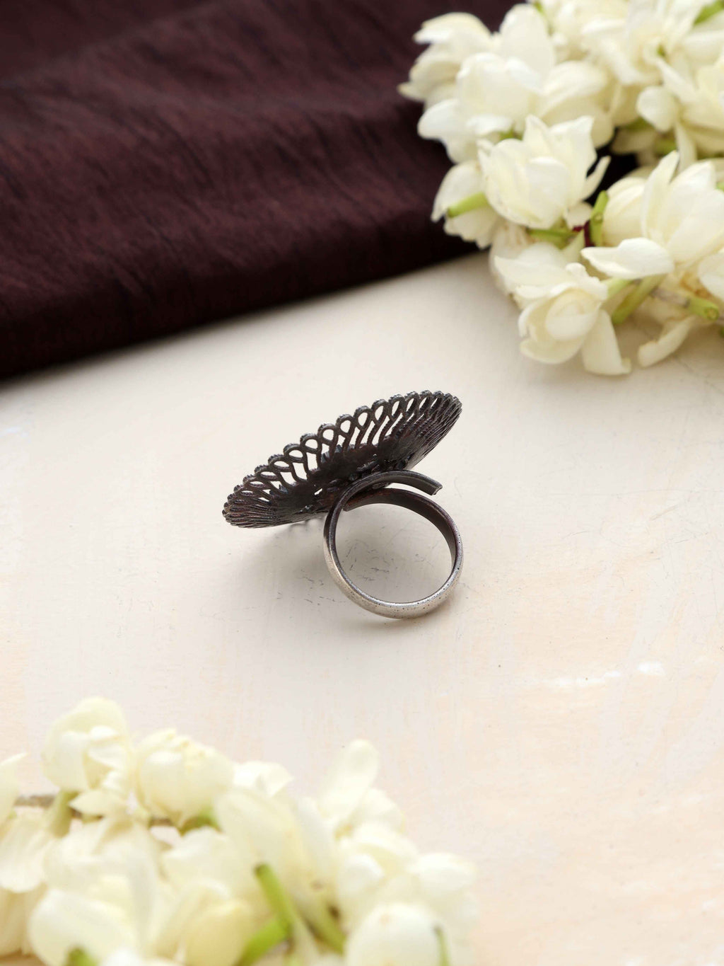 trueBrowns Silver Tone Floral Circular Ring | Grocsy