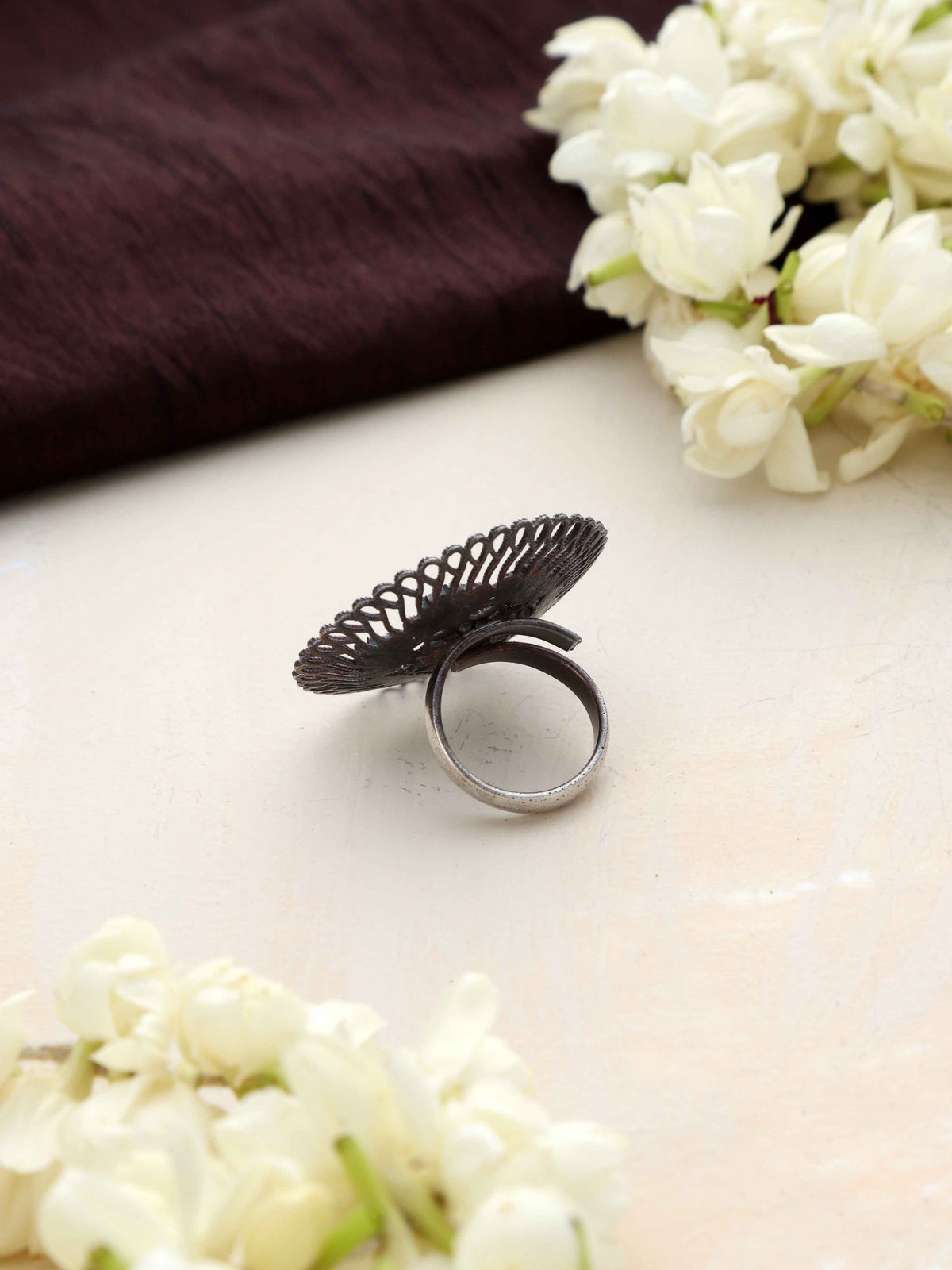 trueBrowns Silver Tone Floral Circular Ring | Grocsy