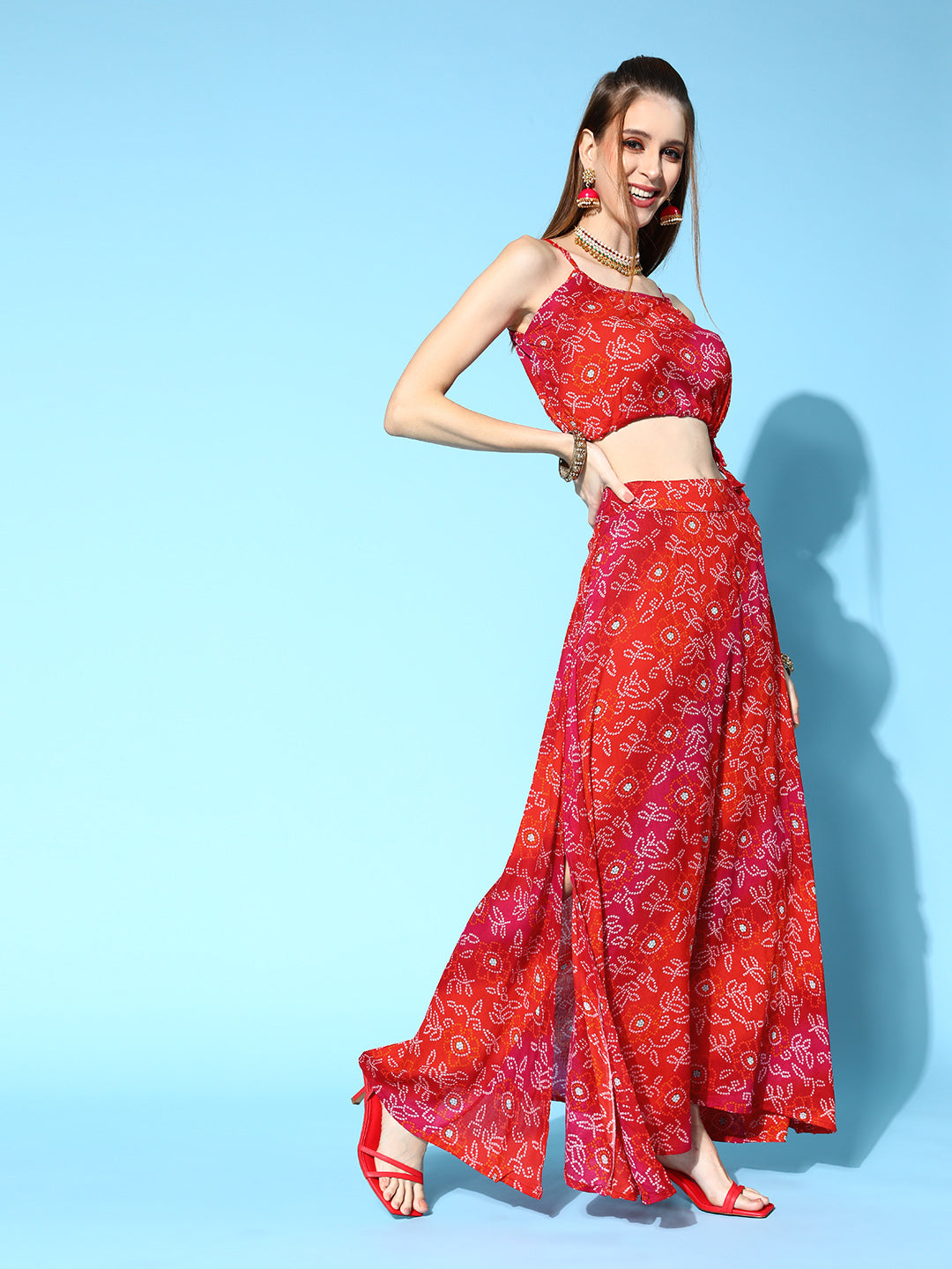 InWeave Women's Red Bandhej Crop Top With Skirt Set | Grocsy