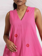 trueBrowns Pink Cotton Embroidered Flared Dress | Grocsy