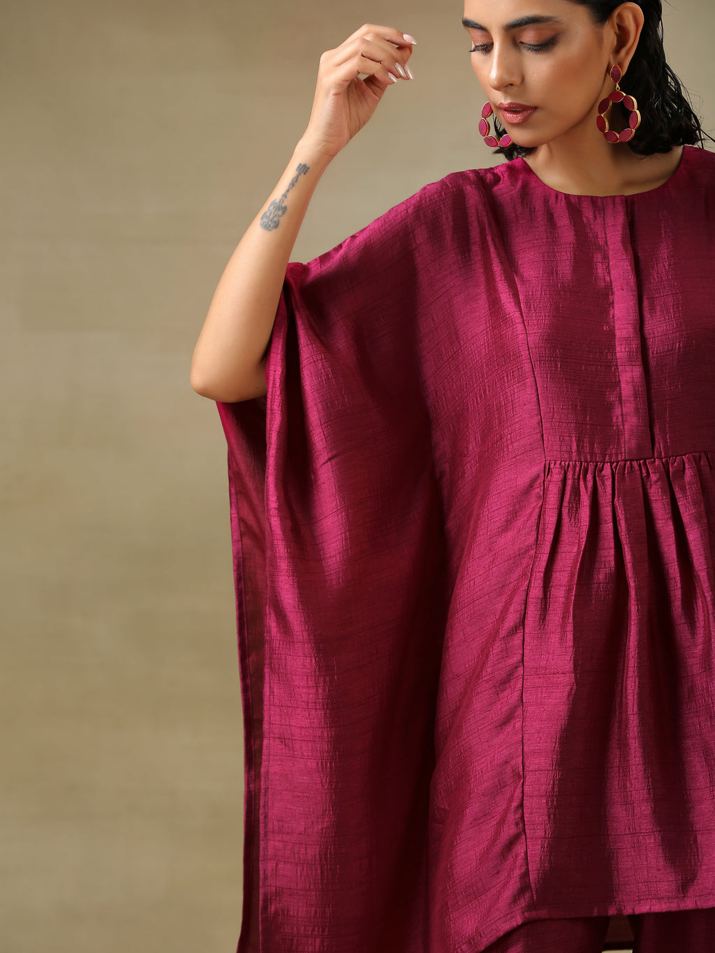trueBrowns Purple Textured Silk Gathered Kaftan Co-Ord Set | Grocsy