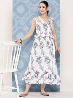 InWeave Women's White Floral Paisley Print Long Frill Dress | Grocsy