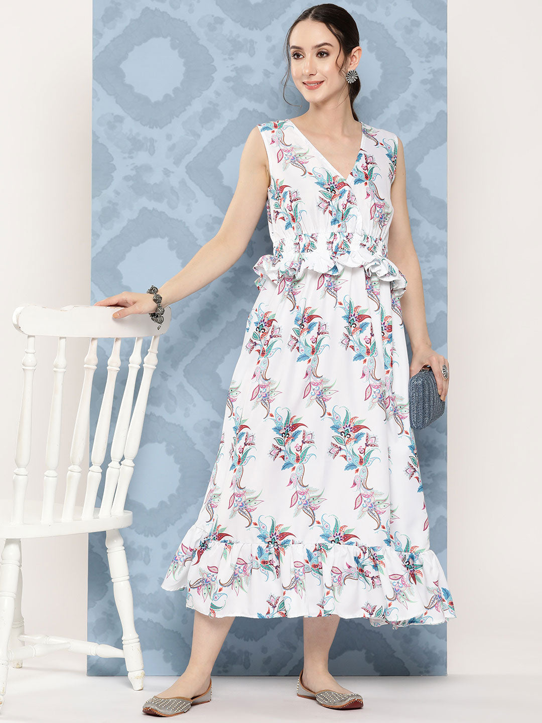 InWeave Women's White Floral Paisley Print Long Frill Dress | Grocsy