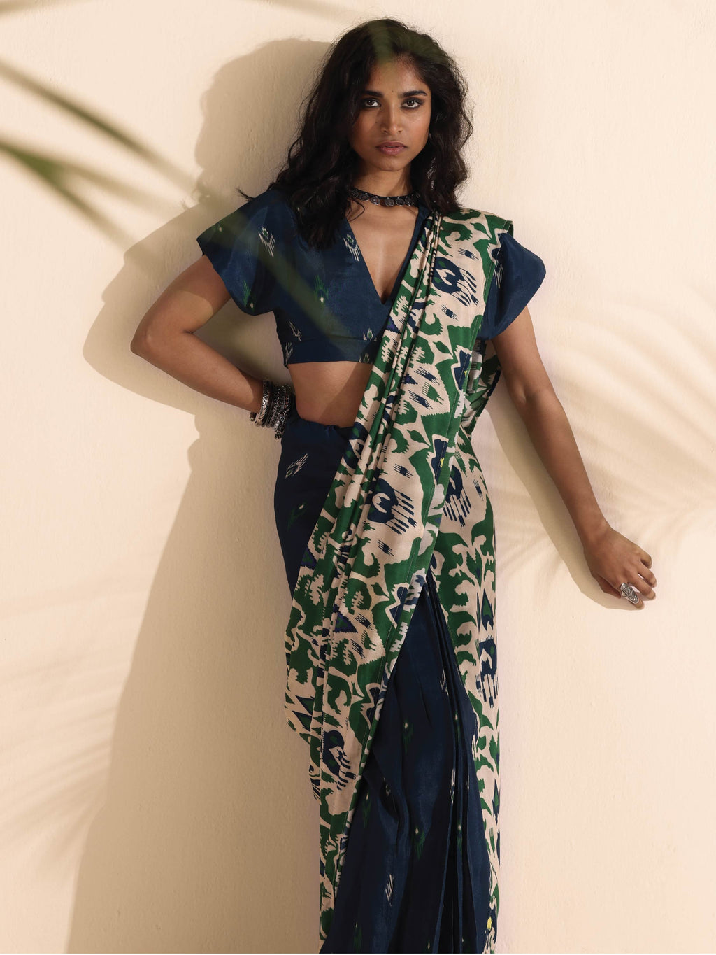 trueBrowns Green Blue Muslin Ikat Saree | Grocsy