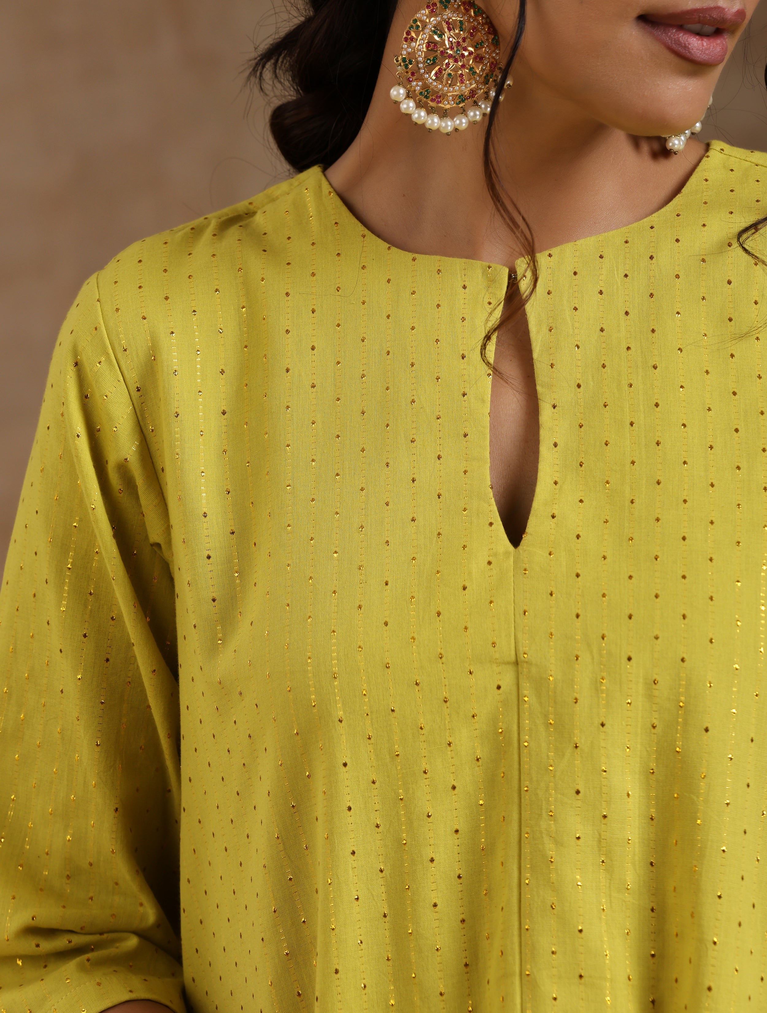 trueBrowns Lime Gold Cotton Handkerchief Kurta Set | Grocsy