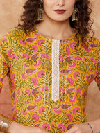 InWeave Women's Mustard Green Lace Gota Work Straight Kurta | Grocsy