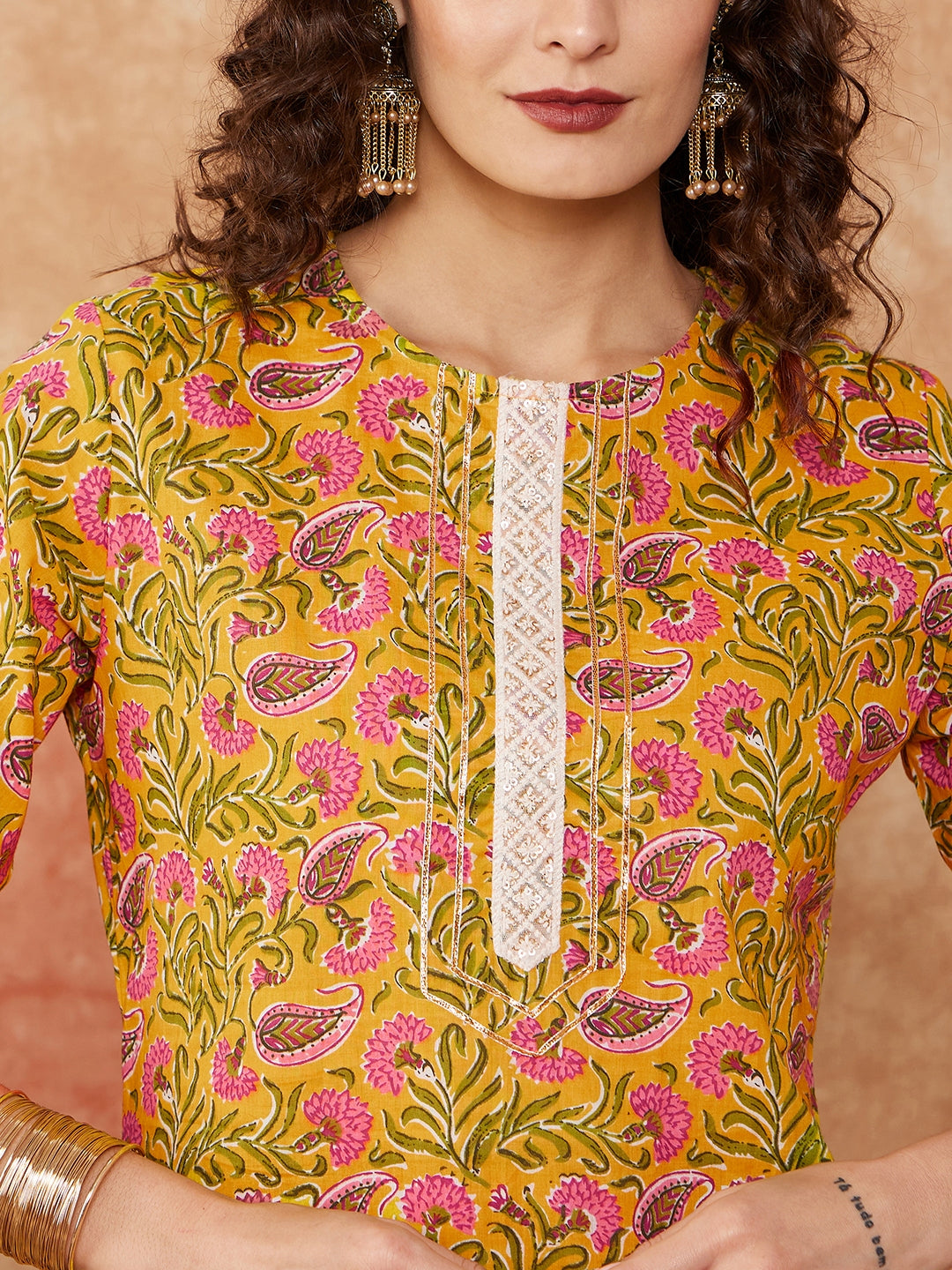 InWeave Women's Mustard Green Lace Gota Work Straight Kurta | Grocsy