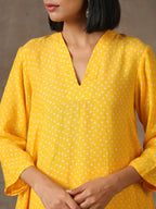 trueBrowns Yellow Bandhani Flare Printed Silk Co-Ord Set | Grocsy