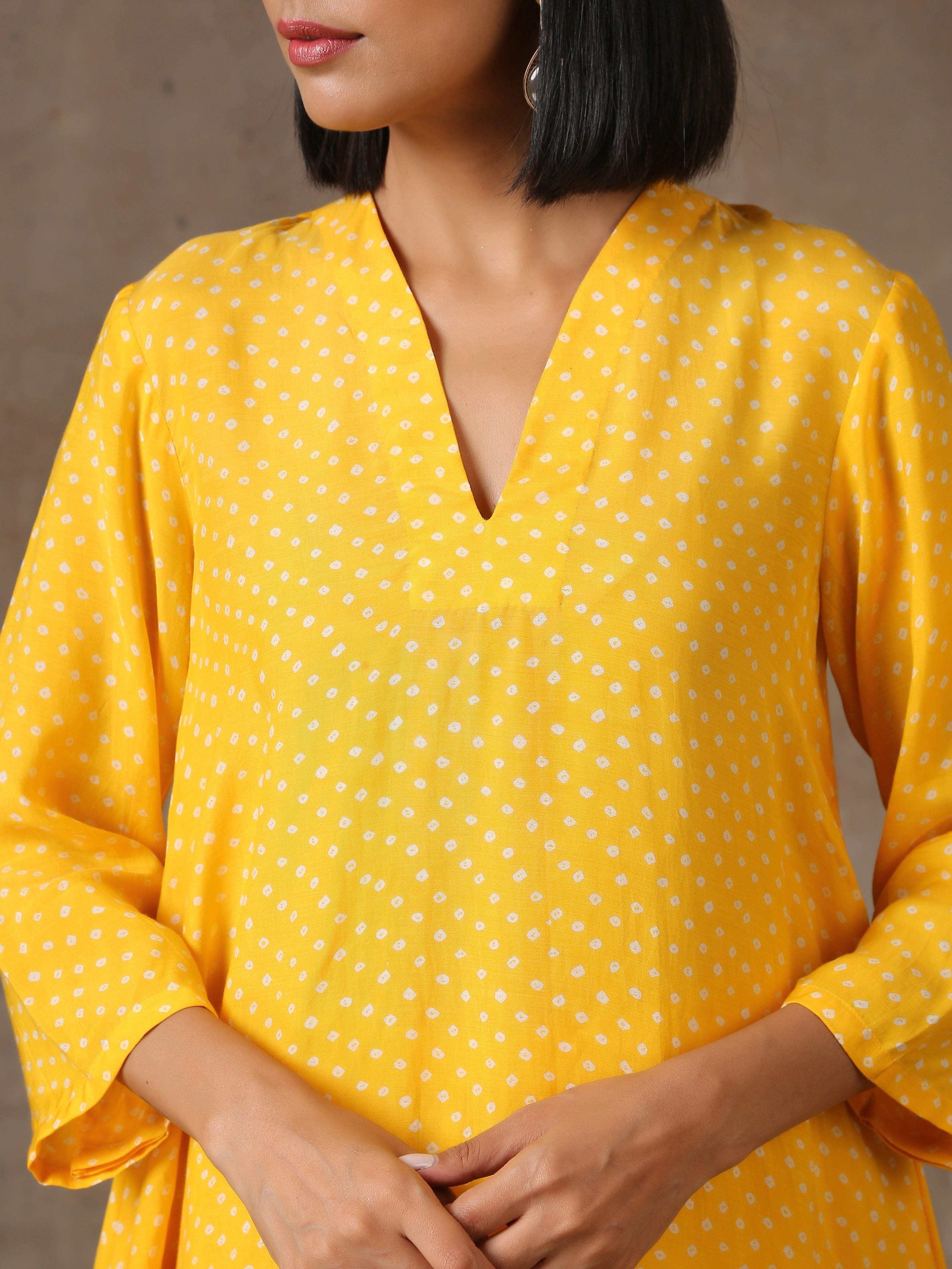 trueBrowns Yellow Bandhani Flare Printed Silk Co-Ord Set | Grocsy