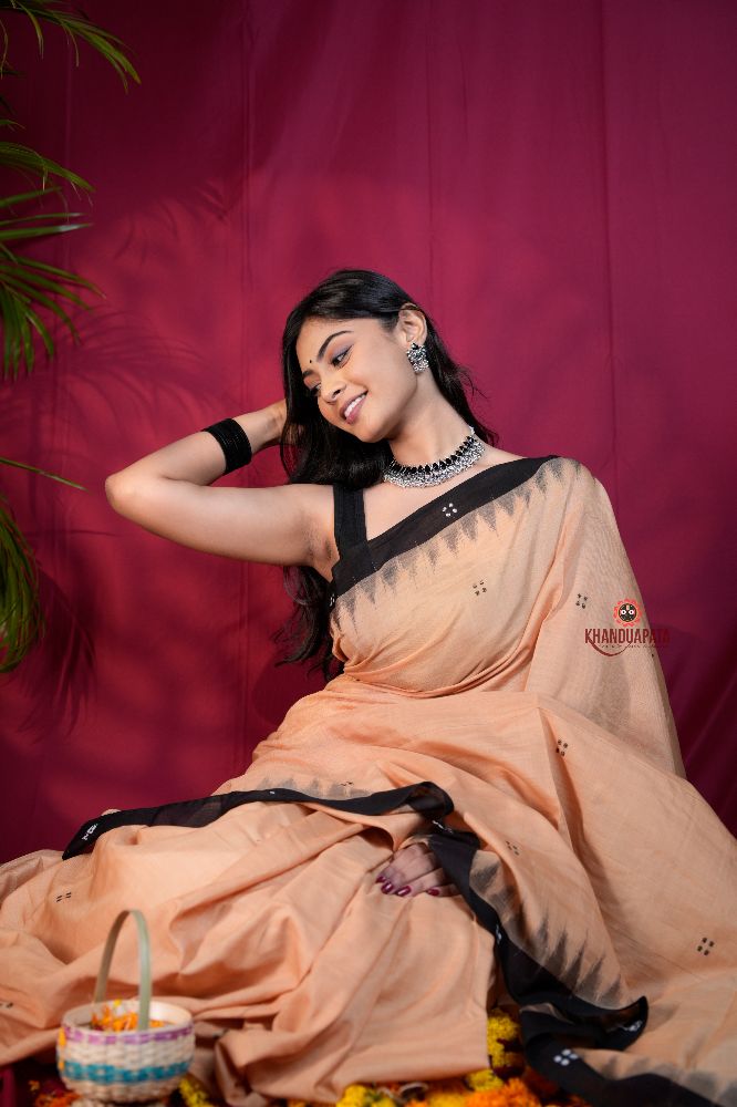 khanduapata Beige & Black Dot Design Cotton Saree For Women | Grocsy