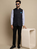 Even Apparels Men's Blue Mandarin Collar Waistcoat | Grocsy