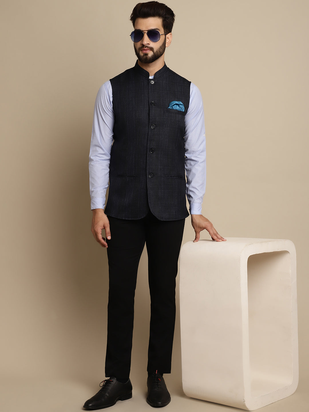 Even Apparels Men's Blue Mandarin Collar Waistcoat | Grocsy