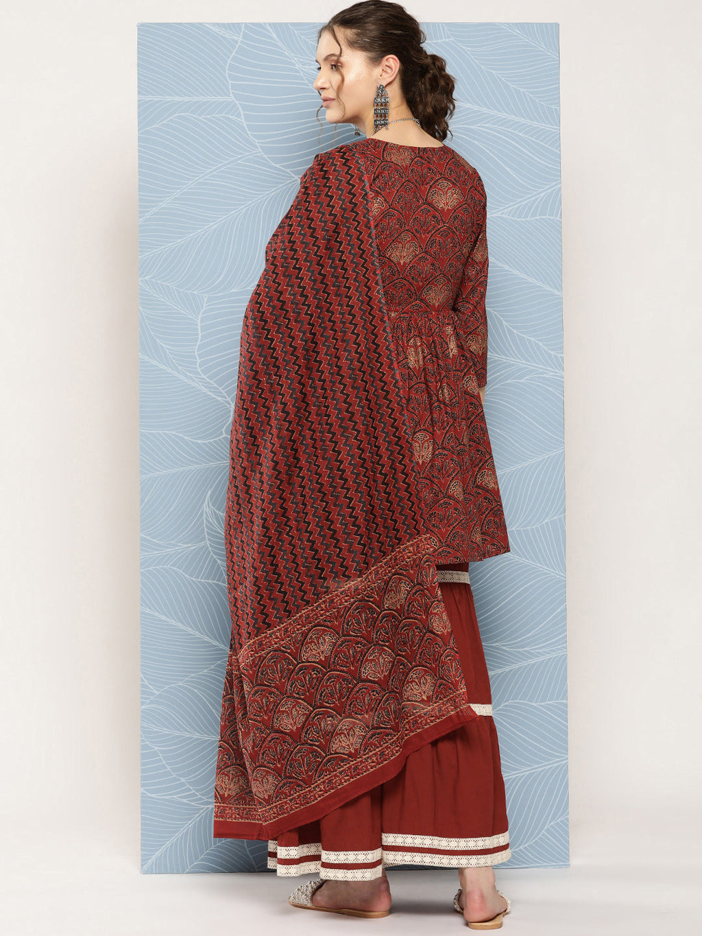 InWeave Women's Brick Rust Ajrakh Sharara Set With Dupatta | Grocsy