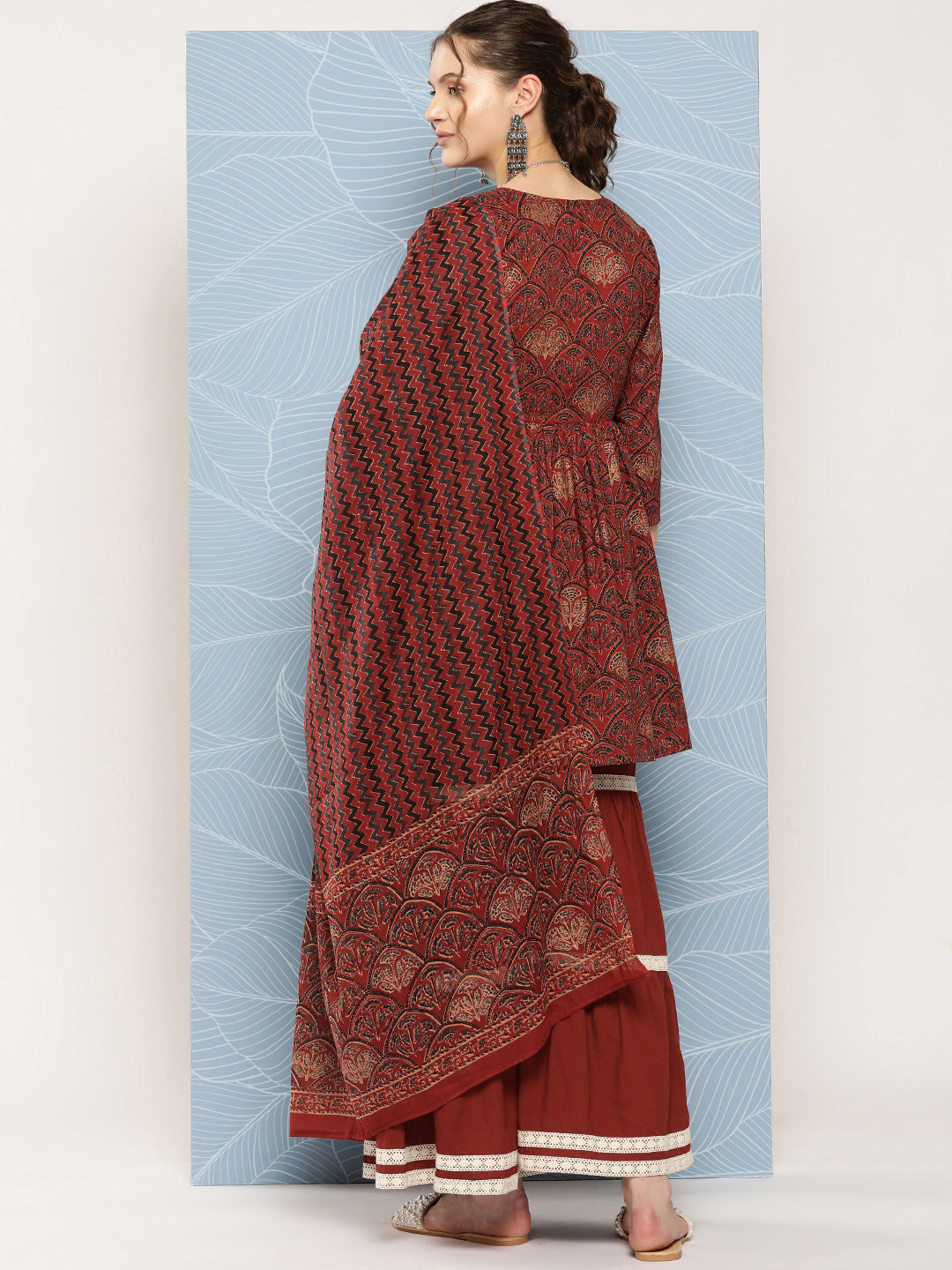 InWeave Women's Brick Rust Ajrakh Sharara Set With Dupatta | Grocsy