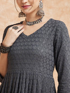 InWeave Women's Grey Chikankari Long Anarkali Kurta Sharara Set | Grocsy