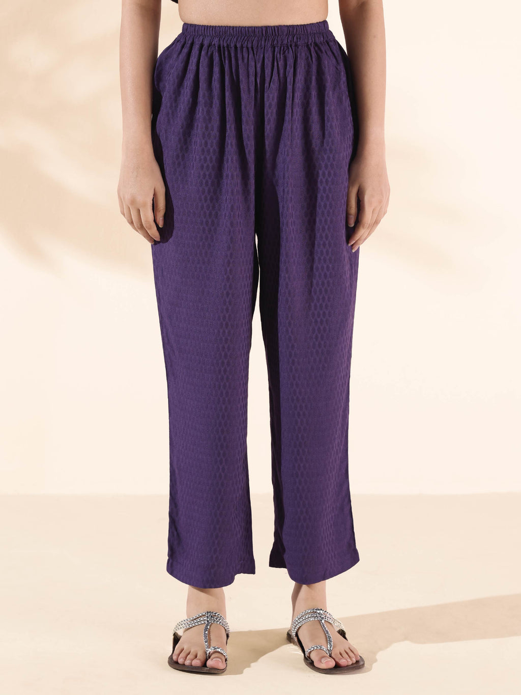 trueBrowns Purple Viscose Dobby Slit Kurta Pant Set | Grocsy