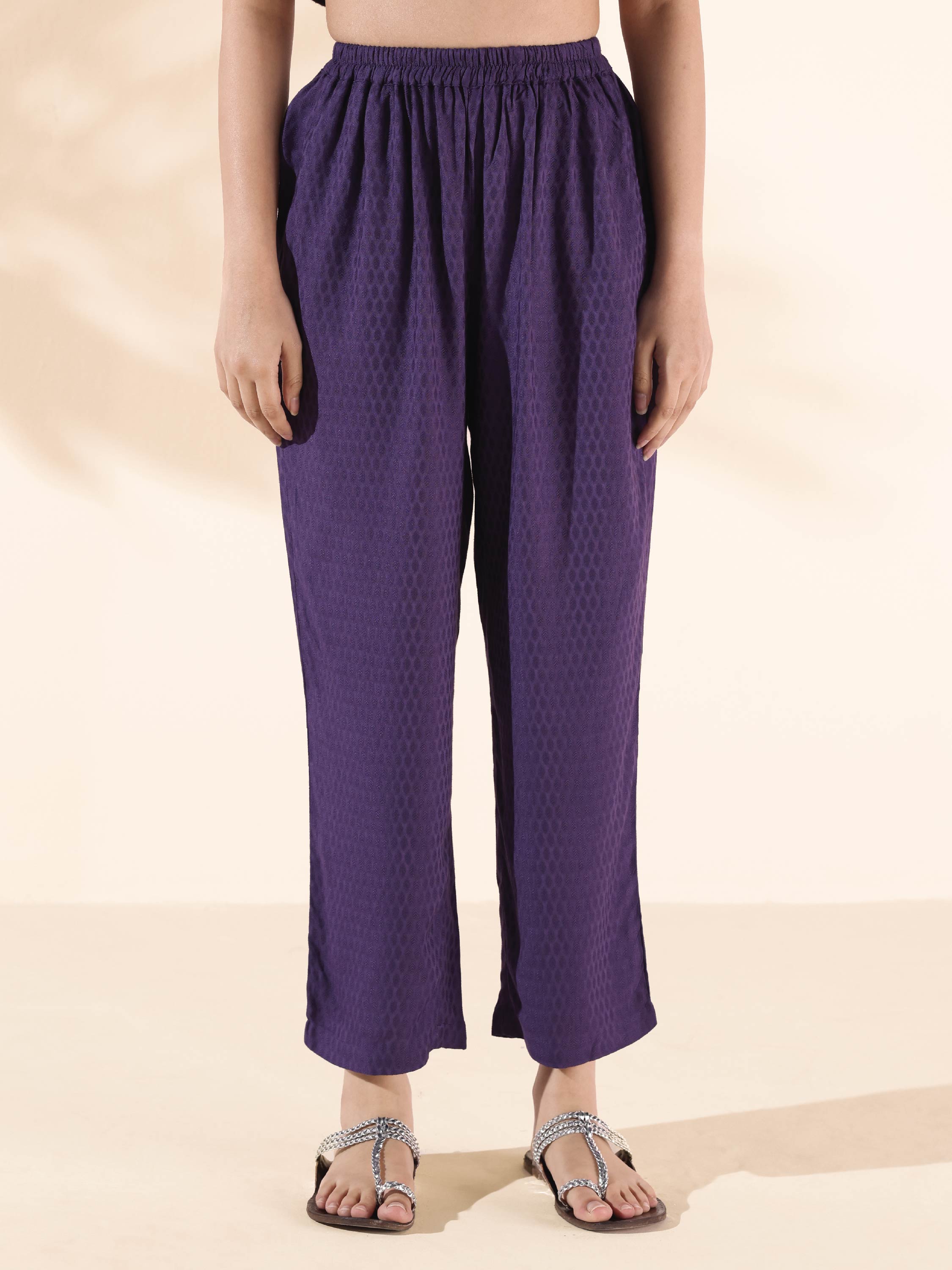 trueBrowns Purple Viscose Dobby Slit Kurta Pant Set | Grocsy