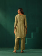 trueBrowns Green Square Viscose Silk Side Gathered Co-ord Set | Grocsy