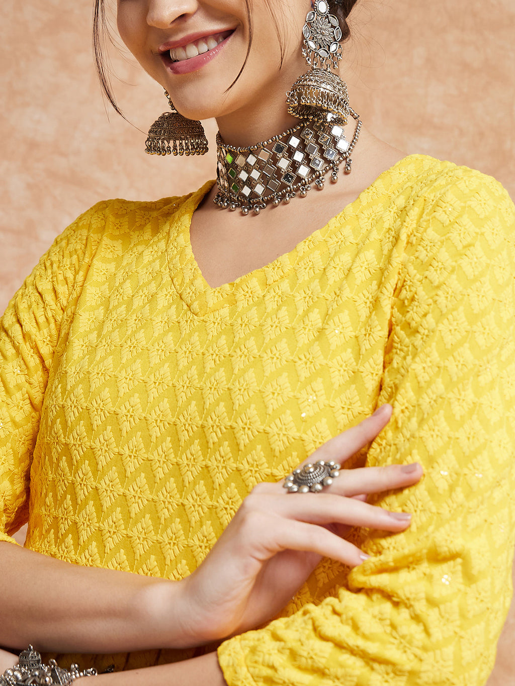 InWeave Women's Butter Yellow Chikankari Long Anarkali Kurta Sharara Set | Grocsy