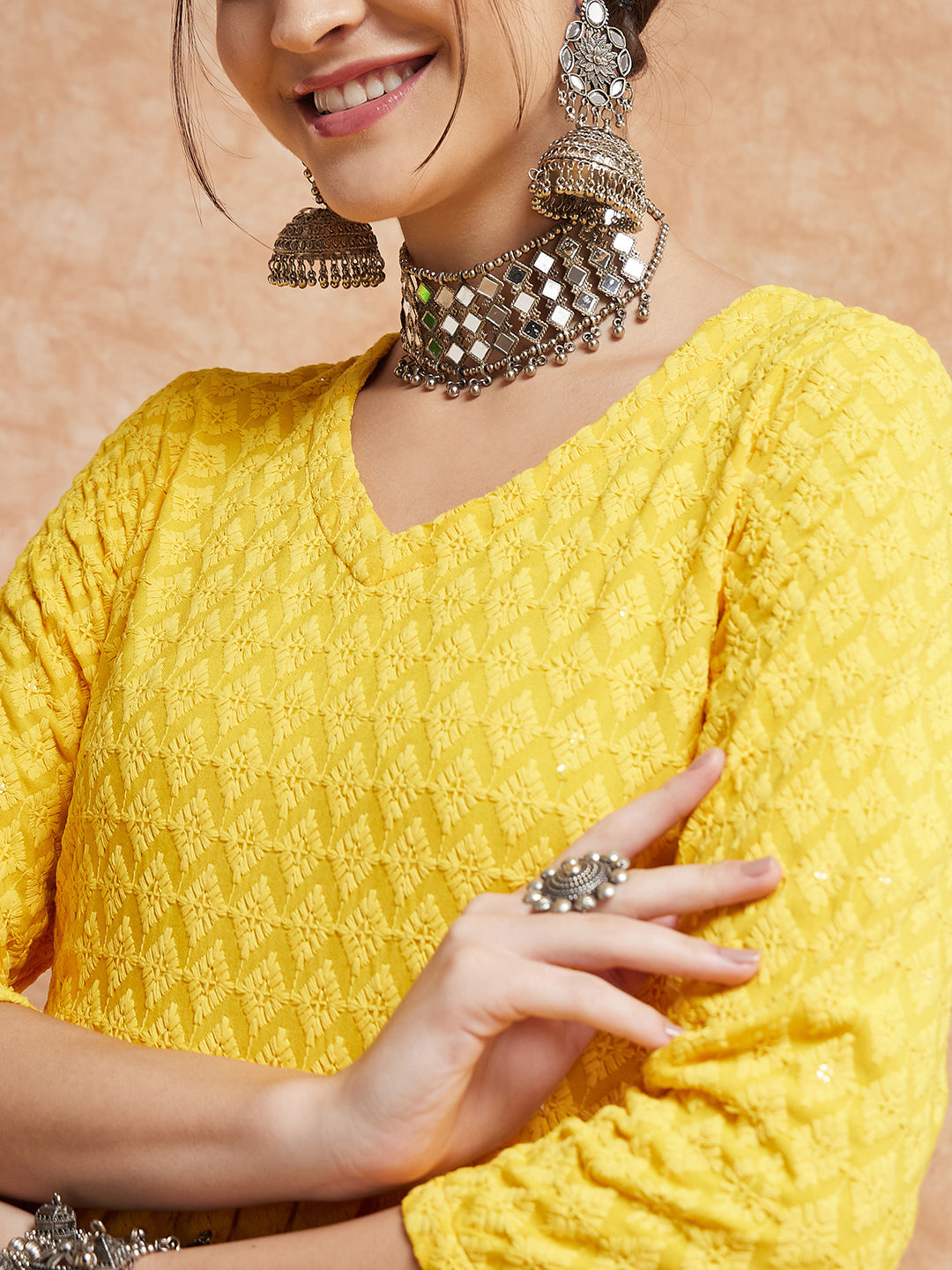 InWeave Women's Butter Yellow Chikankari Long Anarkali Kurta Sharara Set | Grocsy