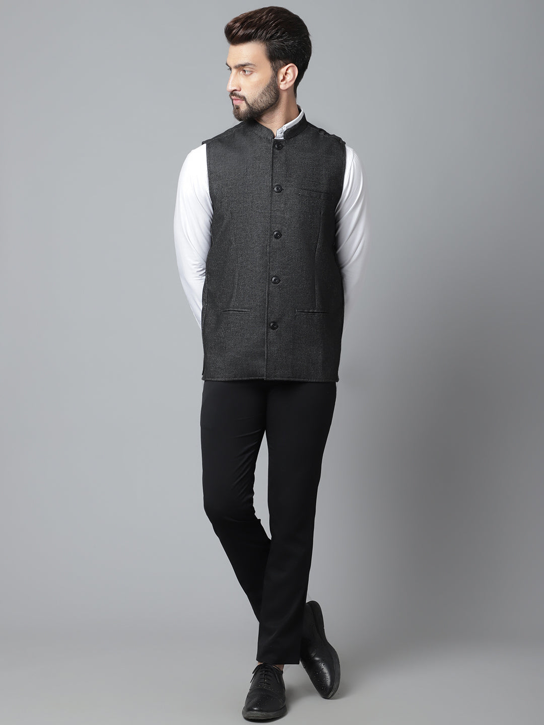Even Apparels Men's Black Pure Wool Nehru Jacket | Grocsy