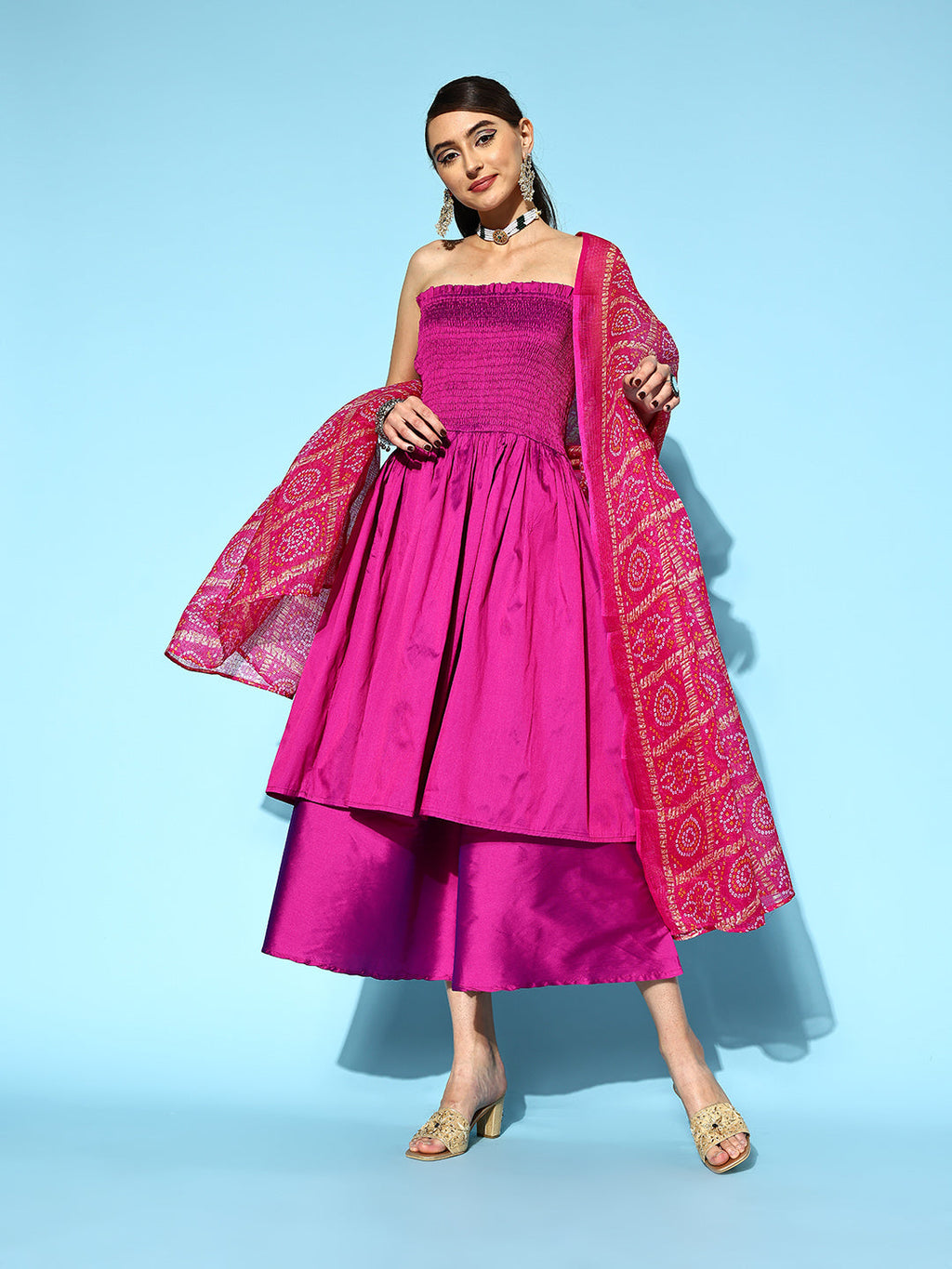 InWeave Purple Off Shoulder Silk Kurta Set -Pink Kota Bandhej Dupatta | Grocsy
