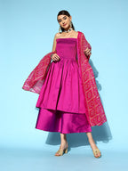 InWeave Purple Off Shoulder Silk Kurta Set -Pink Kota Bandhej Dupatta | Grocsy