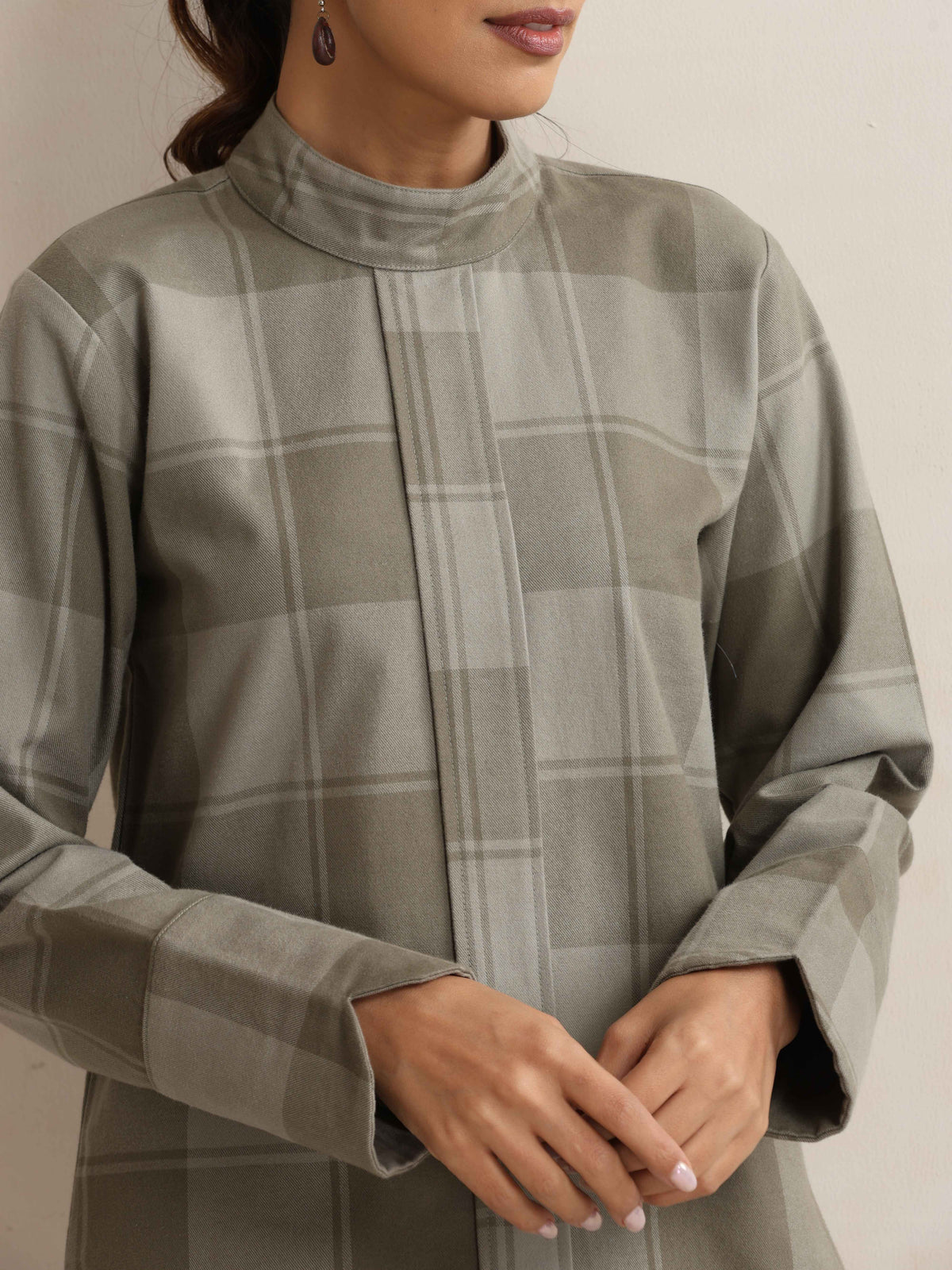 trueBrowns Green Check High Neck Winter Top | Grocsy