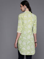 Ahalyaa Mandarin Collar Floral Printed Tunic with Lace Inserts Detail | Grocsy