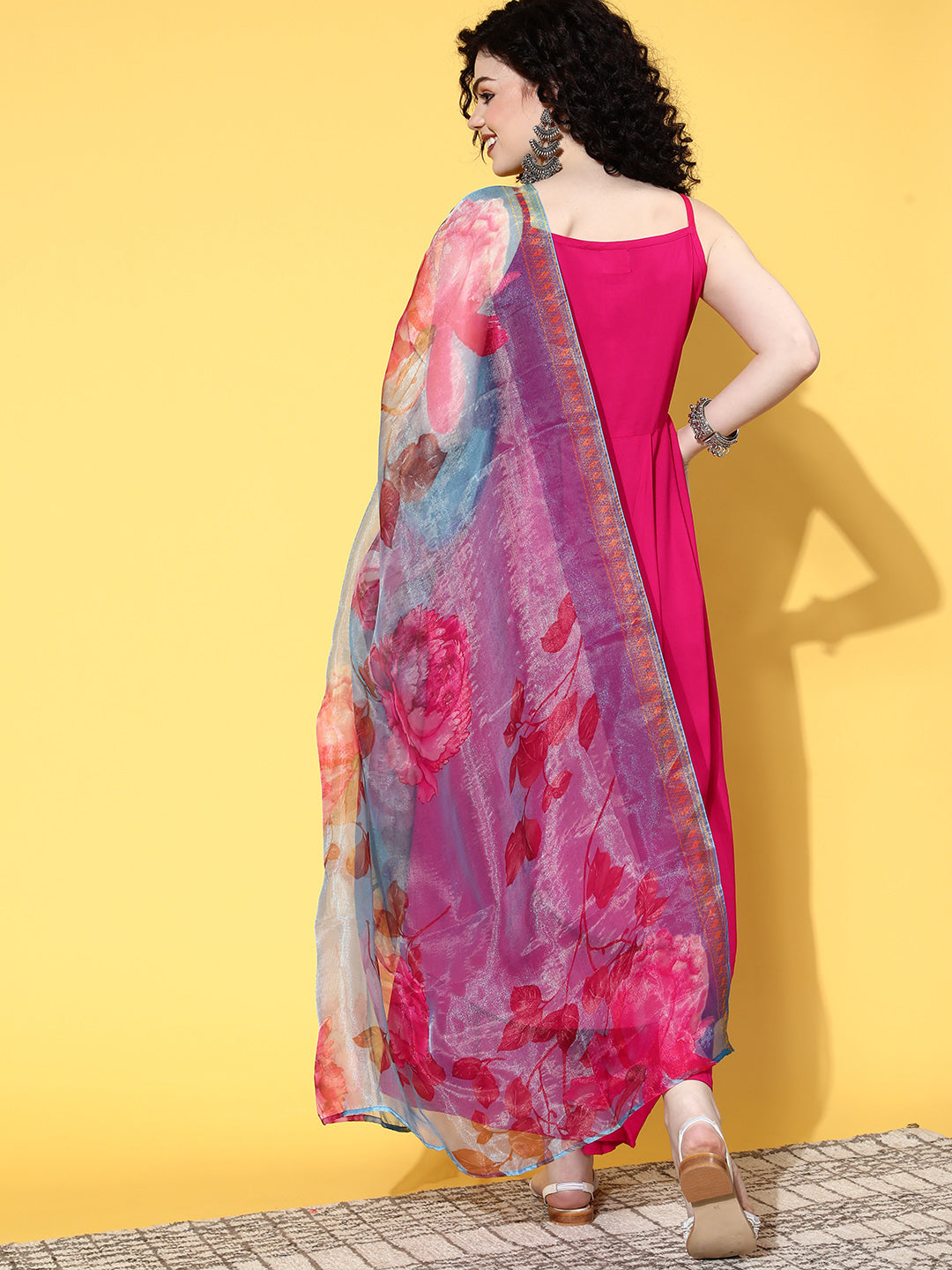 InWeave Strappy Set In Fuchsia With Blue Fuchsia Organza Dupatta | Grocsy