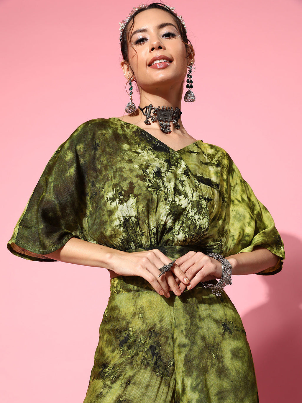InWeave Women's Olive Tie And Dye New Neckline Top Culottes Set | Grocsy