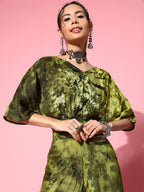 InWeave Women's Olive Tie And Dye New Neckline Top Culottes Set | Grocsy