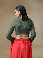 trueBrowns Dark Green Bandhani Printed Silk Full Sleeve Blouse | Grocsy