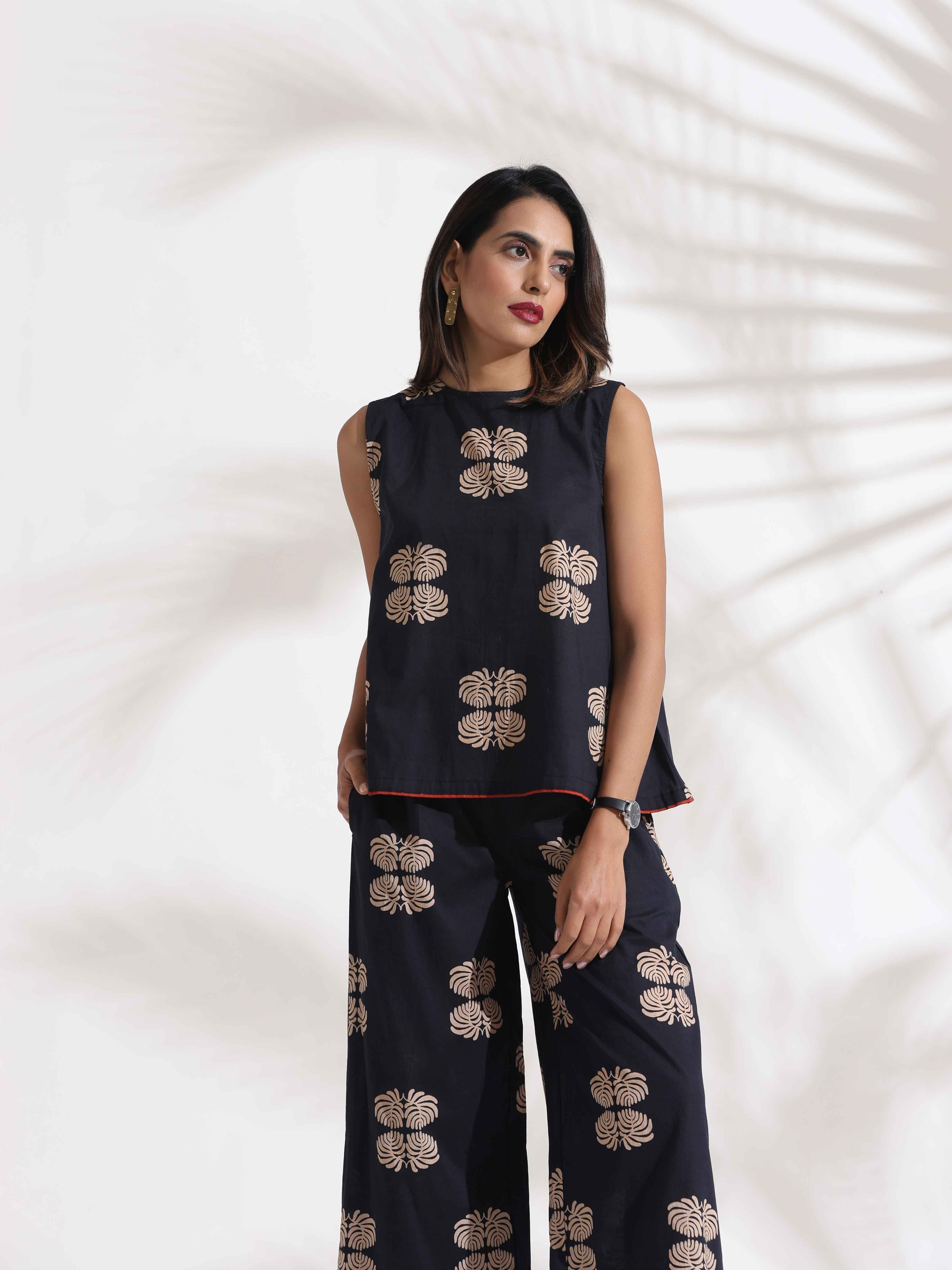 trueBrowns Black Cotton Print Top & Flared Pants Co-ord Set | Grocsy