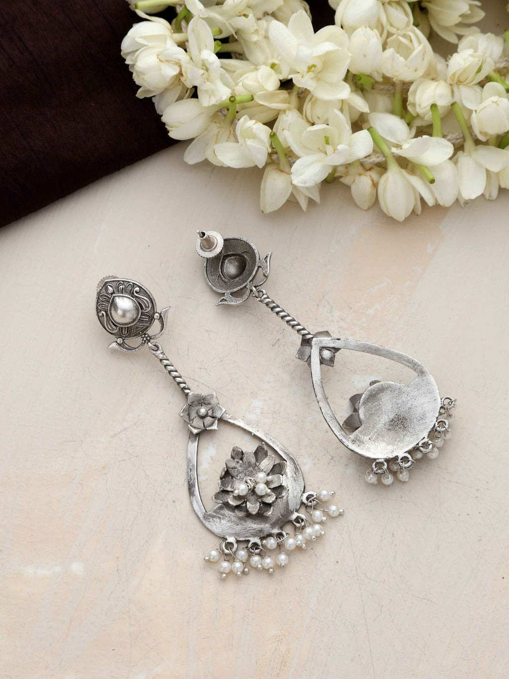trueBrowns Silver Tone Floral Chandbaali Earrings | Grocsy