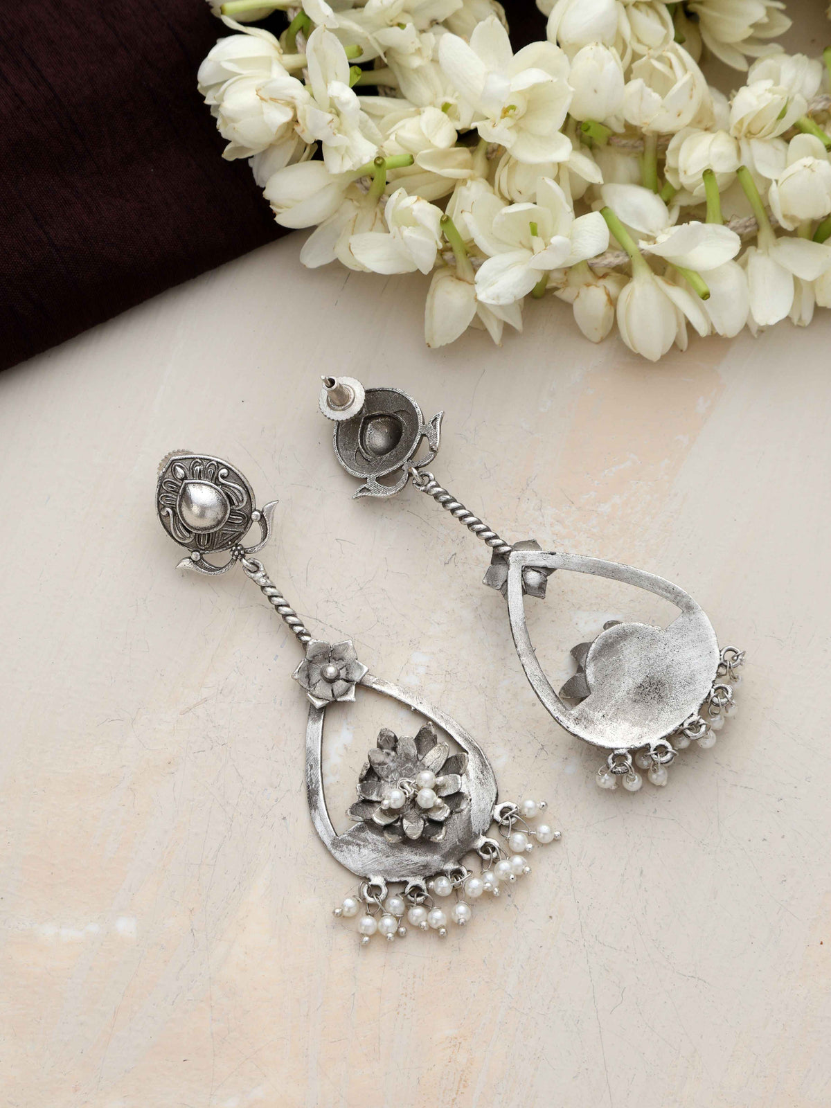 trueBrowns Silver Tone Floral Chandbaali Earrings | Grocsy
