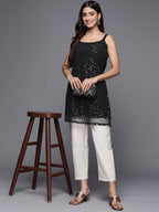 Ahalyaa Woman Silver Foil Printed Shoulder Straps Net Tunic | Grocsy
