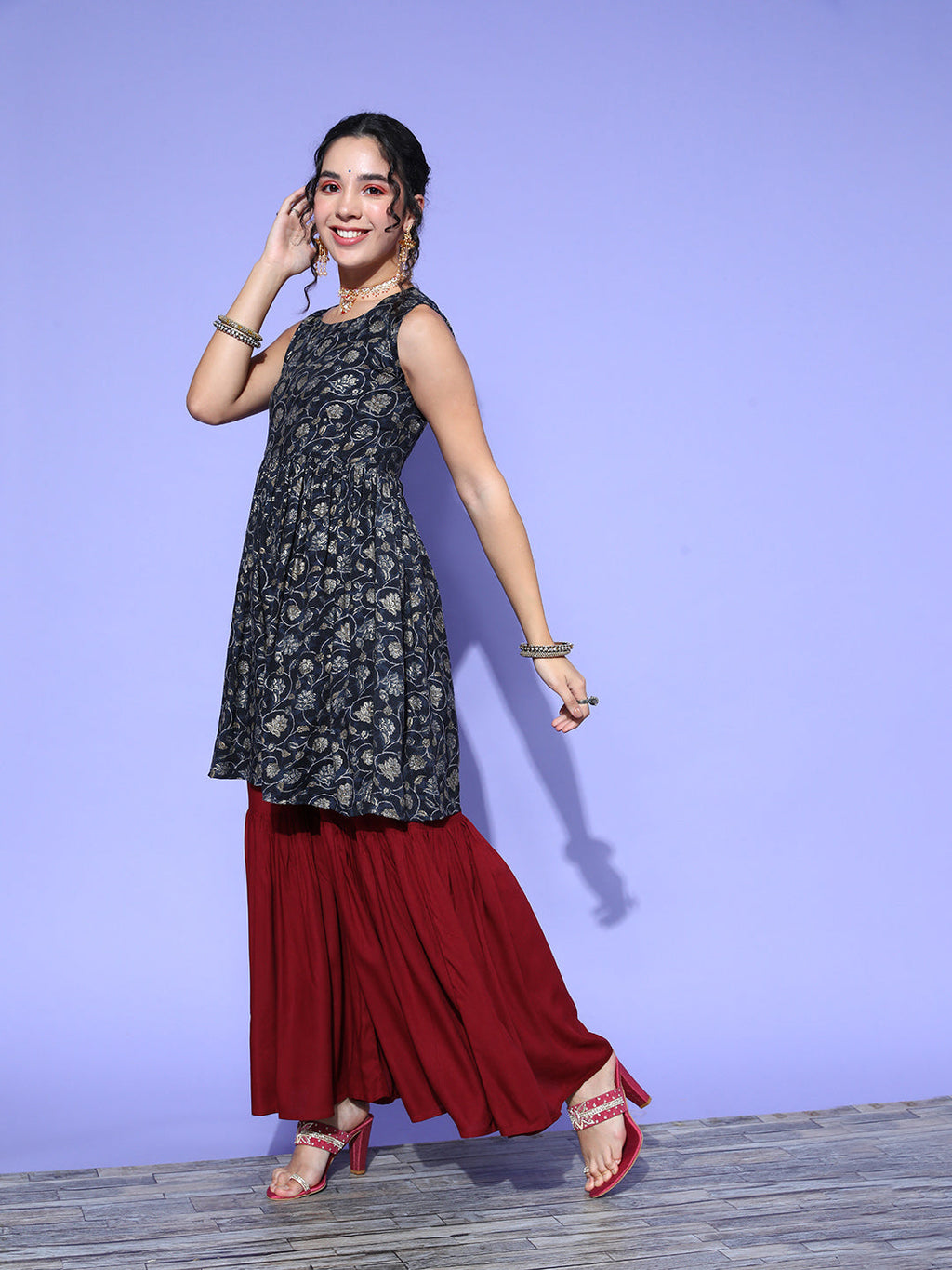 InWeave Women's Blue Printed Kurta Sharara Set With Burgundy Organza Dupatta | Grocsy