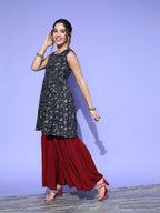 InWeave Women's Blue Printed Kurta Sharara Set With Burgundy Organza Dupatta | Grocsy