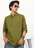Fabmade Olive Stripe Linen Kurta | Grocsy