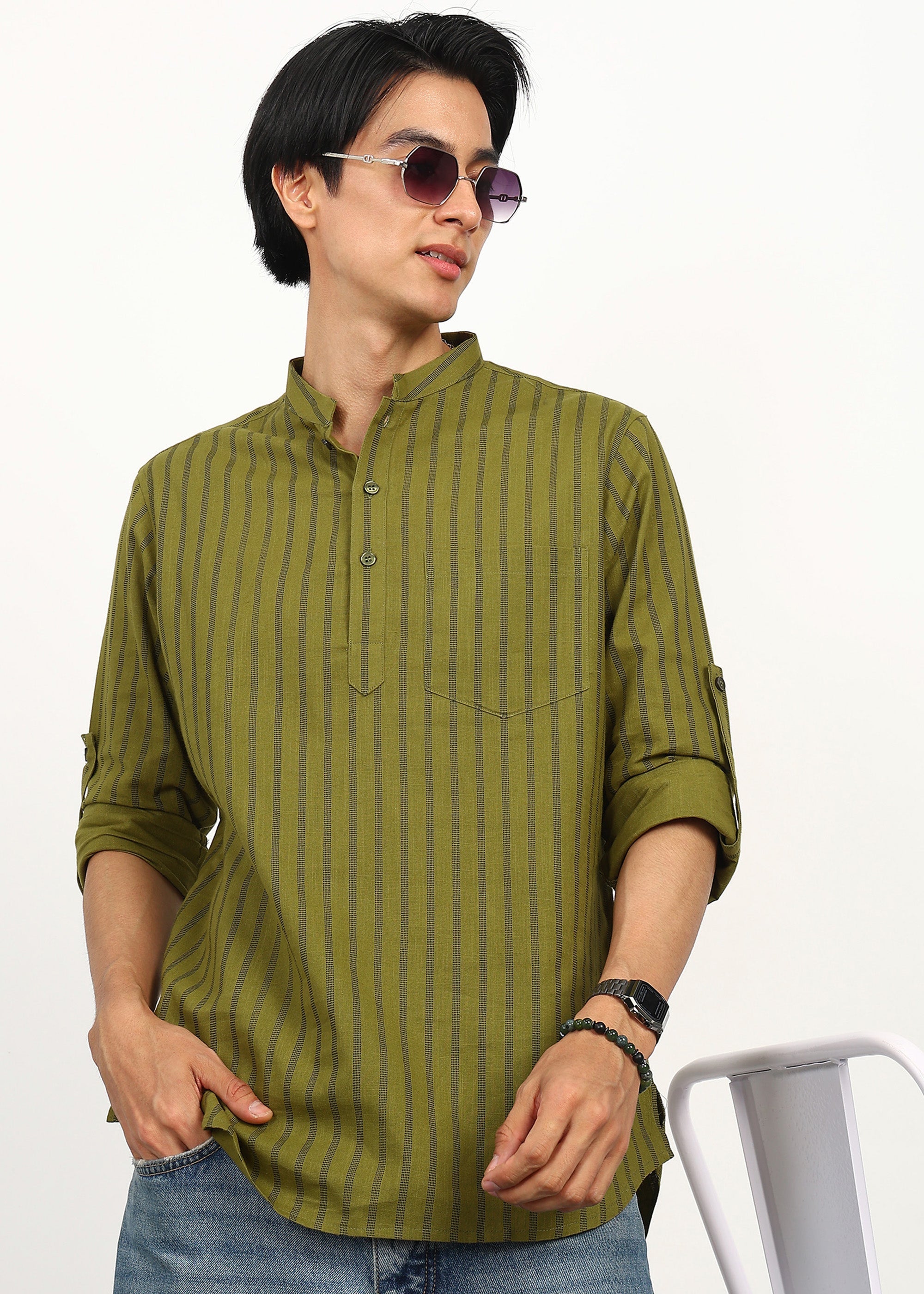 Fabmade Olive Stripe Linen Kurta | Grocsy