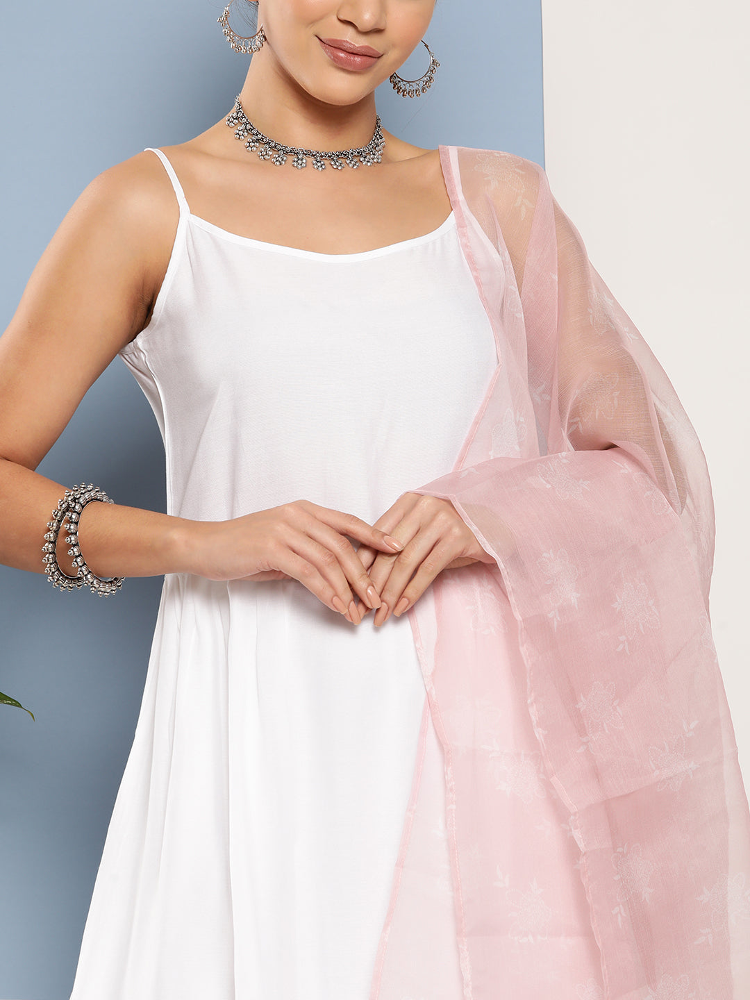 InWeave Women's Cream Strappy With Pink White Chintz Organza Dupatta | Grocsy