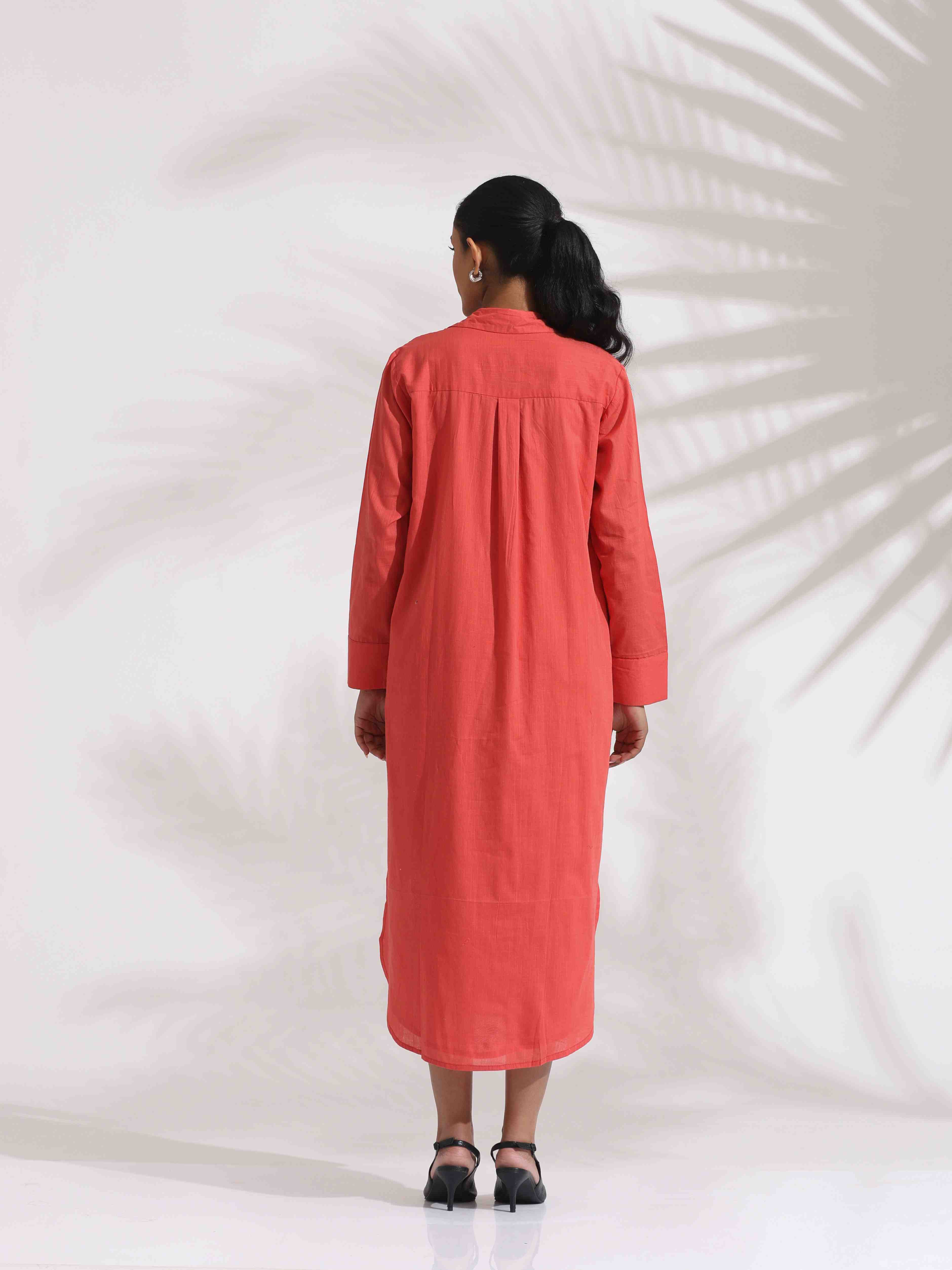 trueBrowns Orange Cotton Embroidered Flared Dress | Grocsy