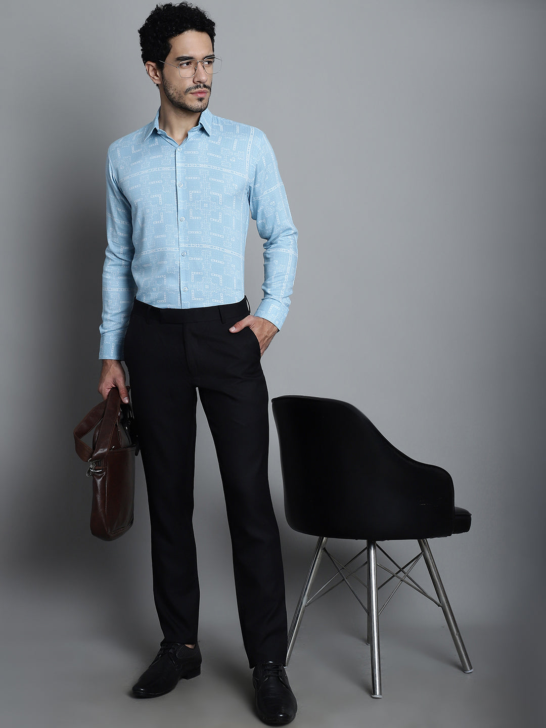 Jainish Men's Geomatric Printed Formal Shirts - Sky Blue | Grocsy