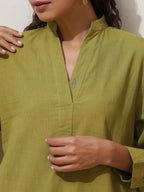 trueBrowns Pear Green Cotton Linen Kurta Pant Set | Grocsy