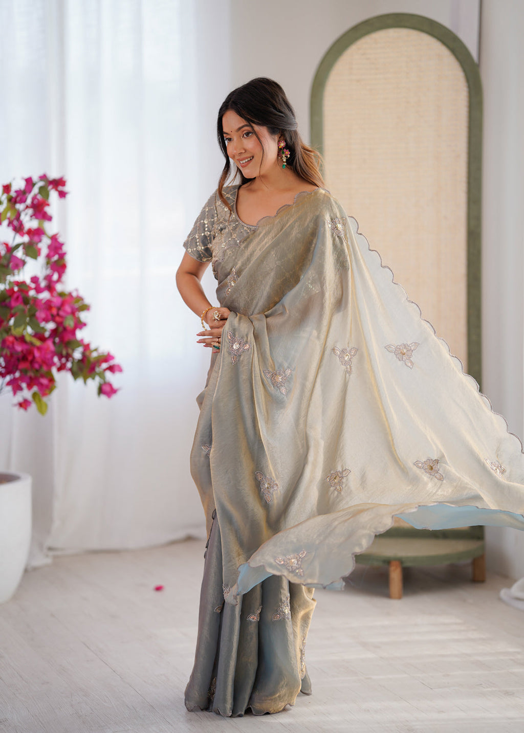 Evanik Designer Heavy Fendy Satin With Beads Embroidered Work Saree With Unstitched Blouse | Grocsy