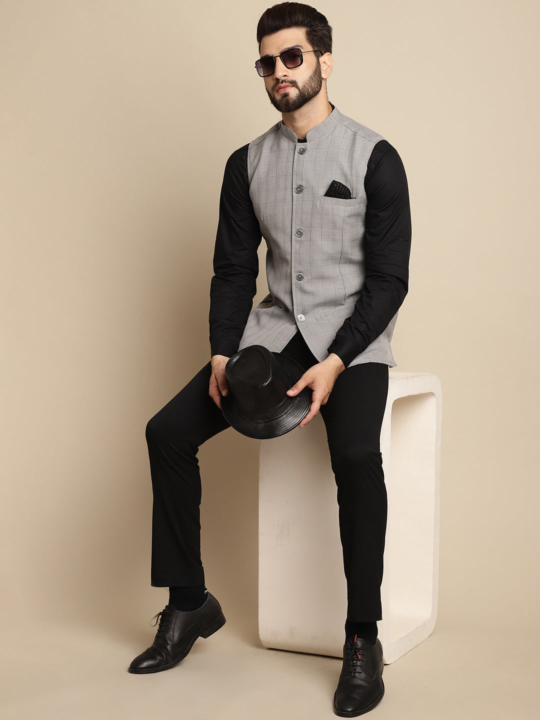 Even Apparels Men's Grey Mandarin Collar Waistcoat | Grocsy