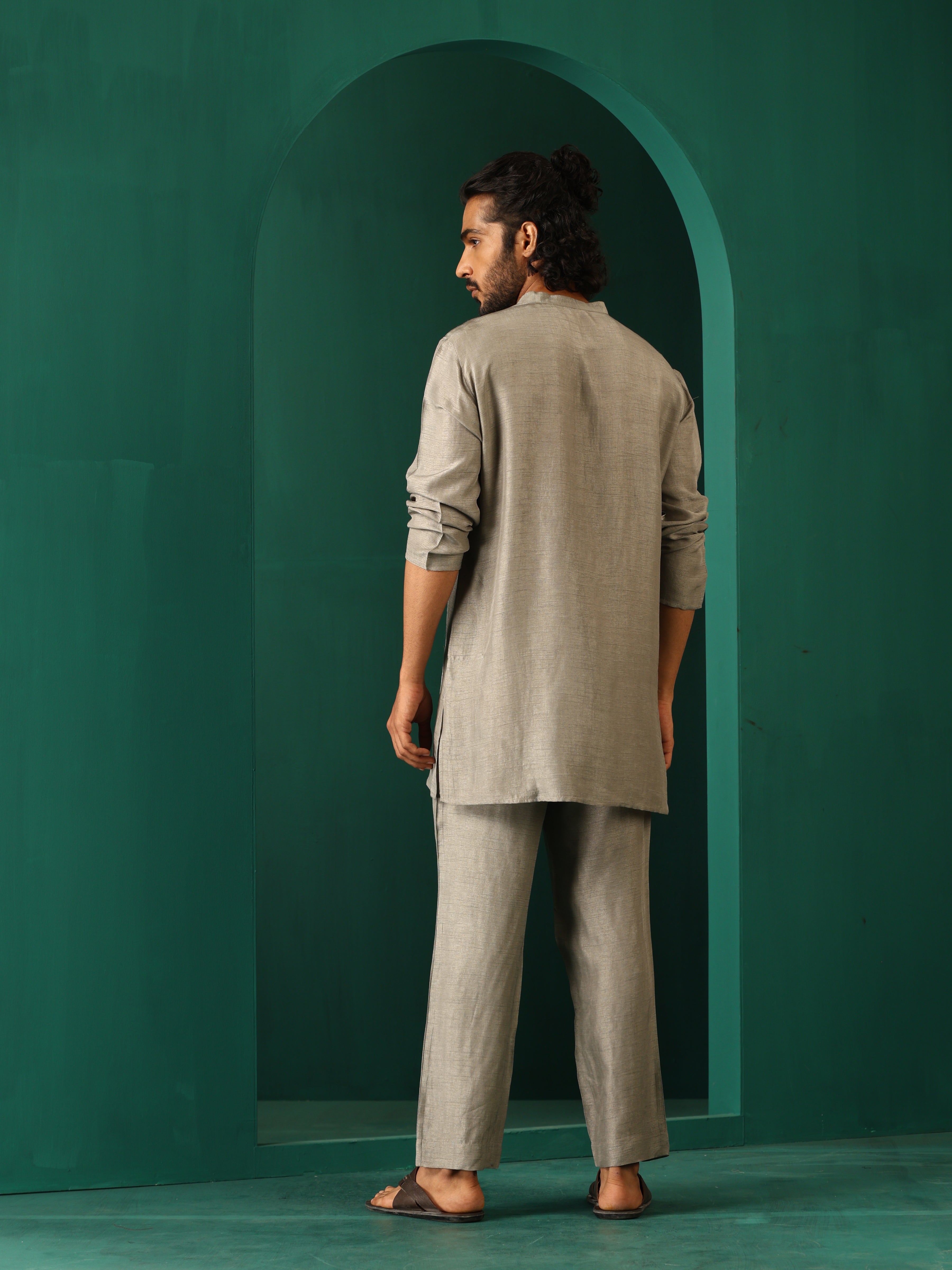 trueBrowns Men's Grey Silk Co-ord Set Yoke Detail | Grocsy